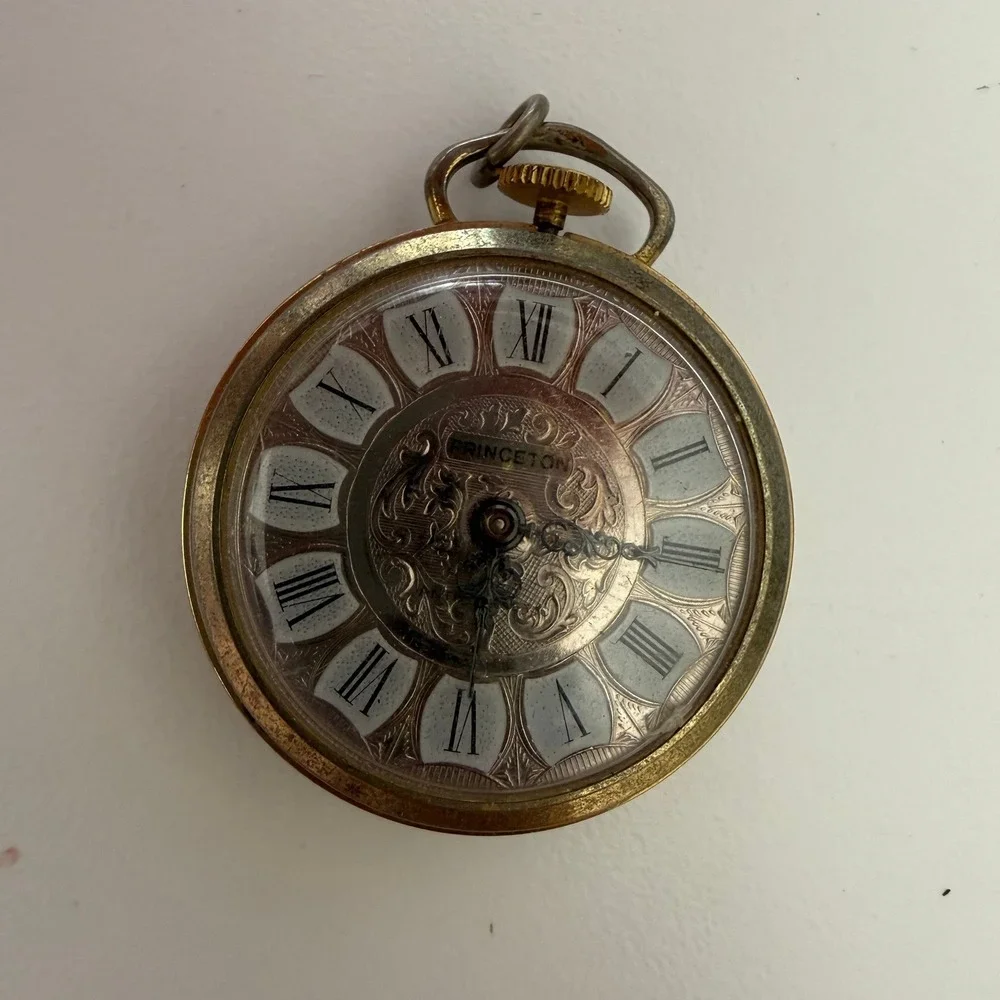 Vintage Princeton Pocket Watch Gold Tone Ornate Engraved Roman Numerals